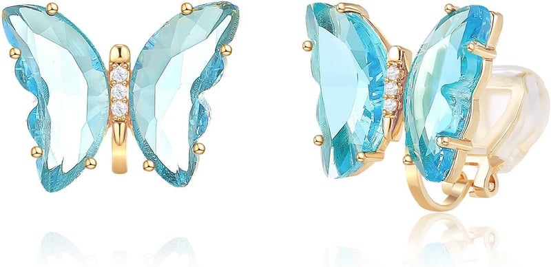 YOQUCOL Butterfly Shape Crystal Clip On Earrings Non Pierced Golden Stud for Women - Image 1